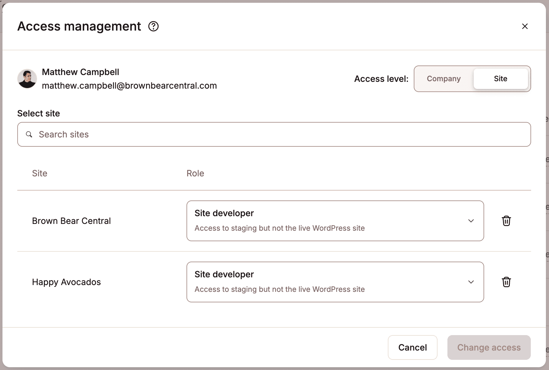 Remove a user from a site in MyKinsta.