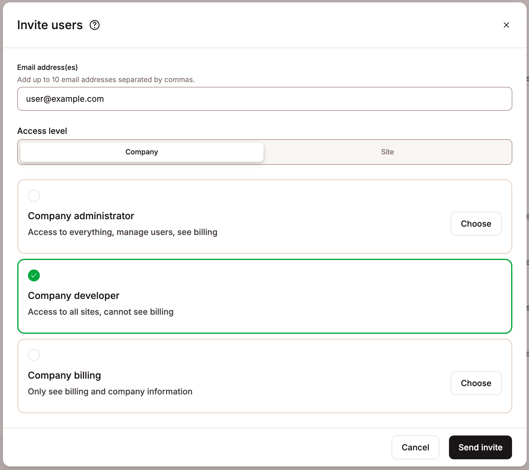 User invite details with company access.