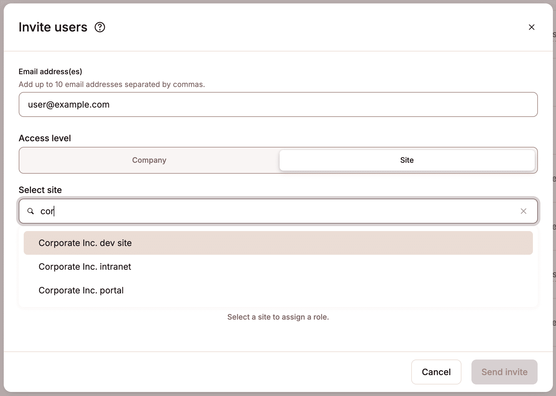Choose the site you want to grant the user access to.