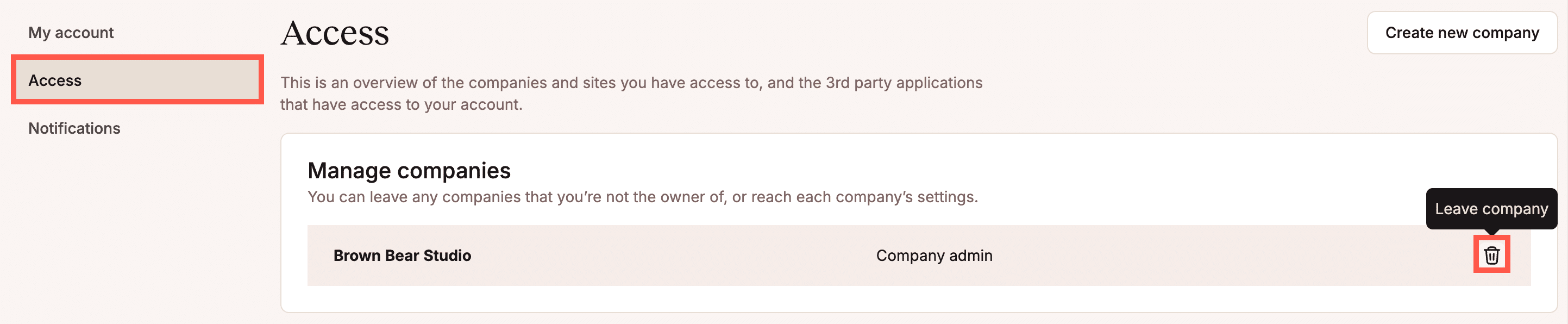Leave a company in MyKinsta User settings.
