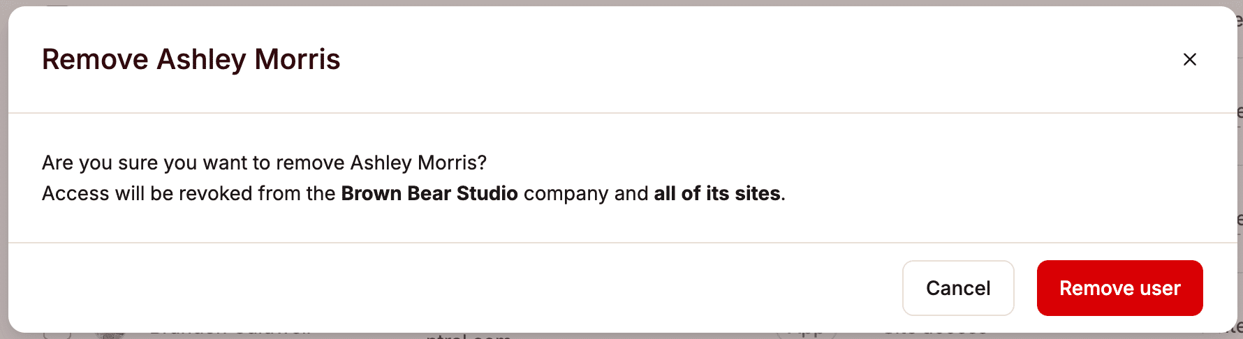 Confirm removing a user from a company in MyKinsta.