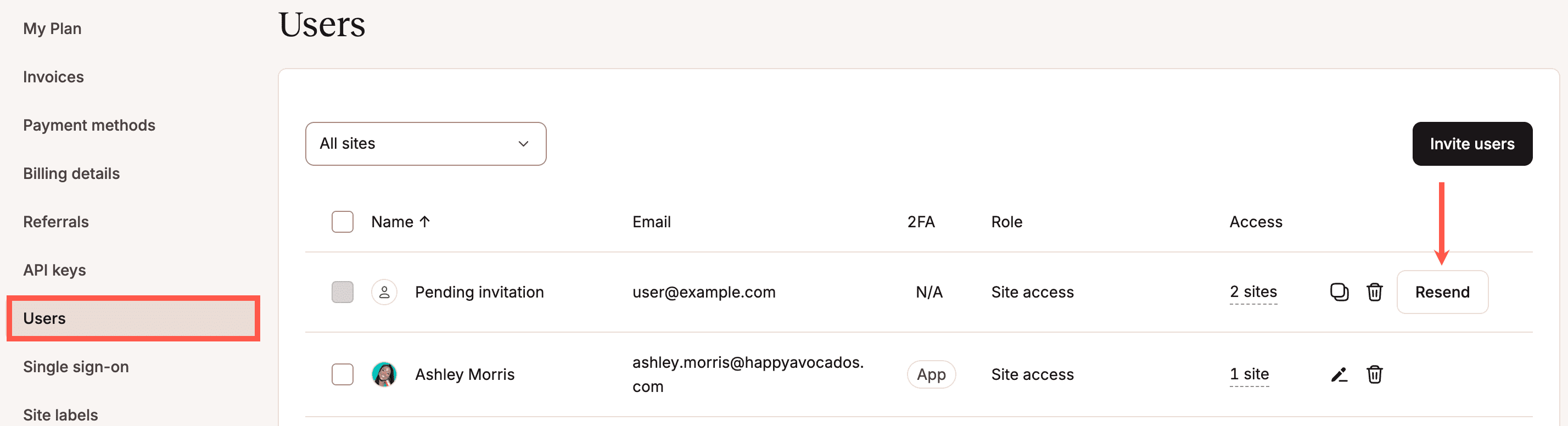 Resend pending company user invitation in MyKinsta.
