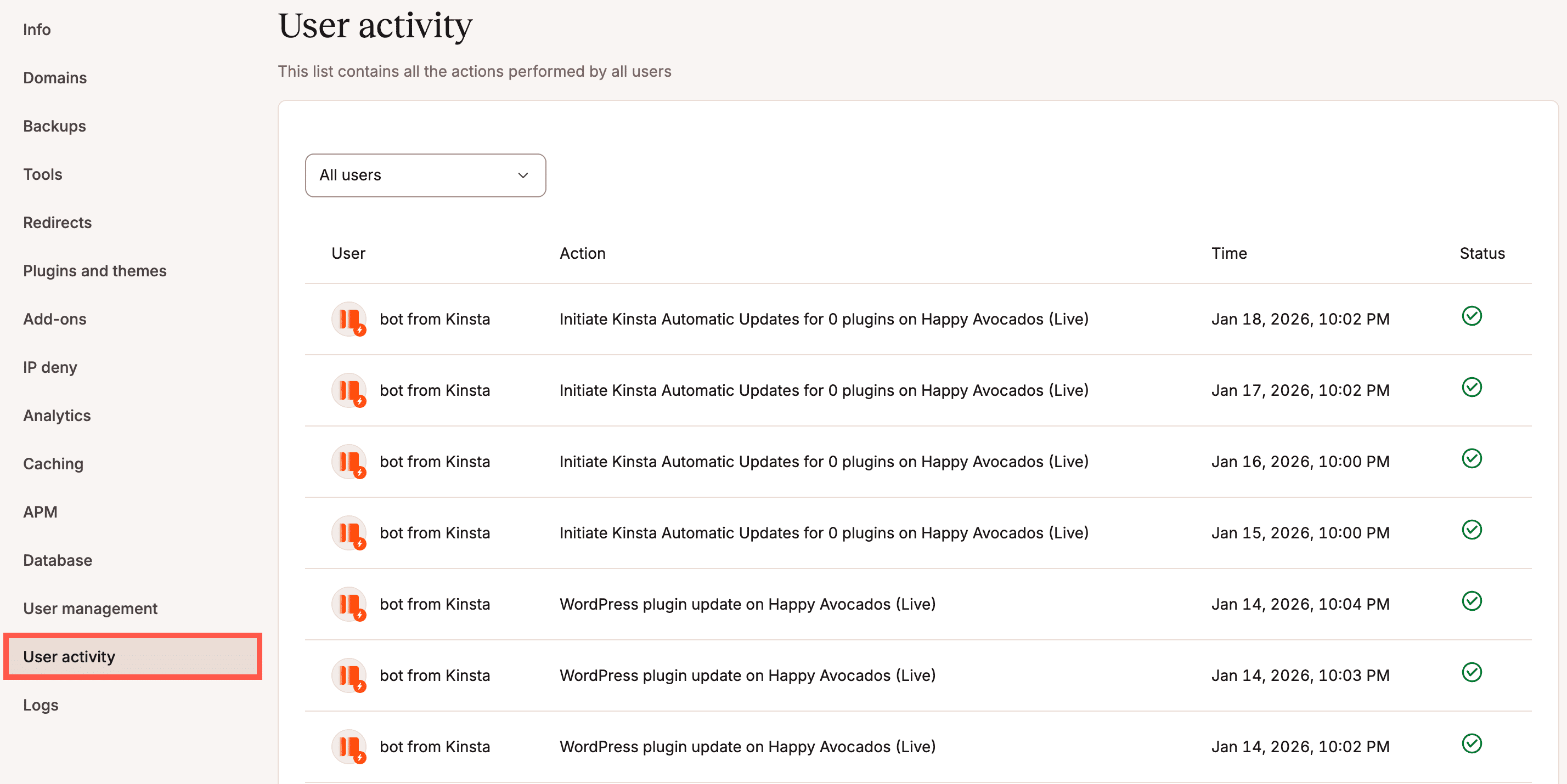 Site Activity Log in MyKinsta.