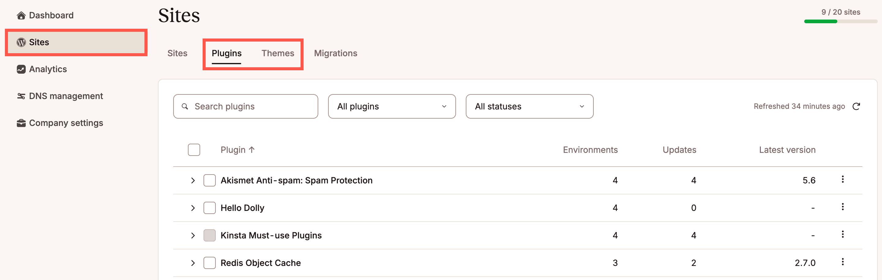 Manage your plugins and themes for all WordPress sites hosted on Kinsta.
