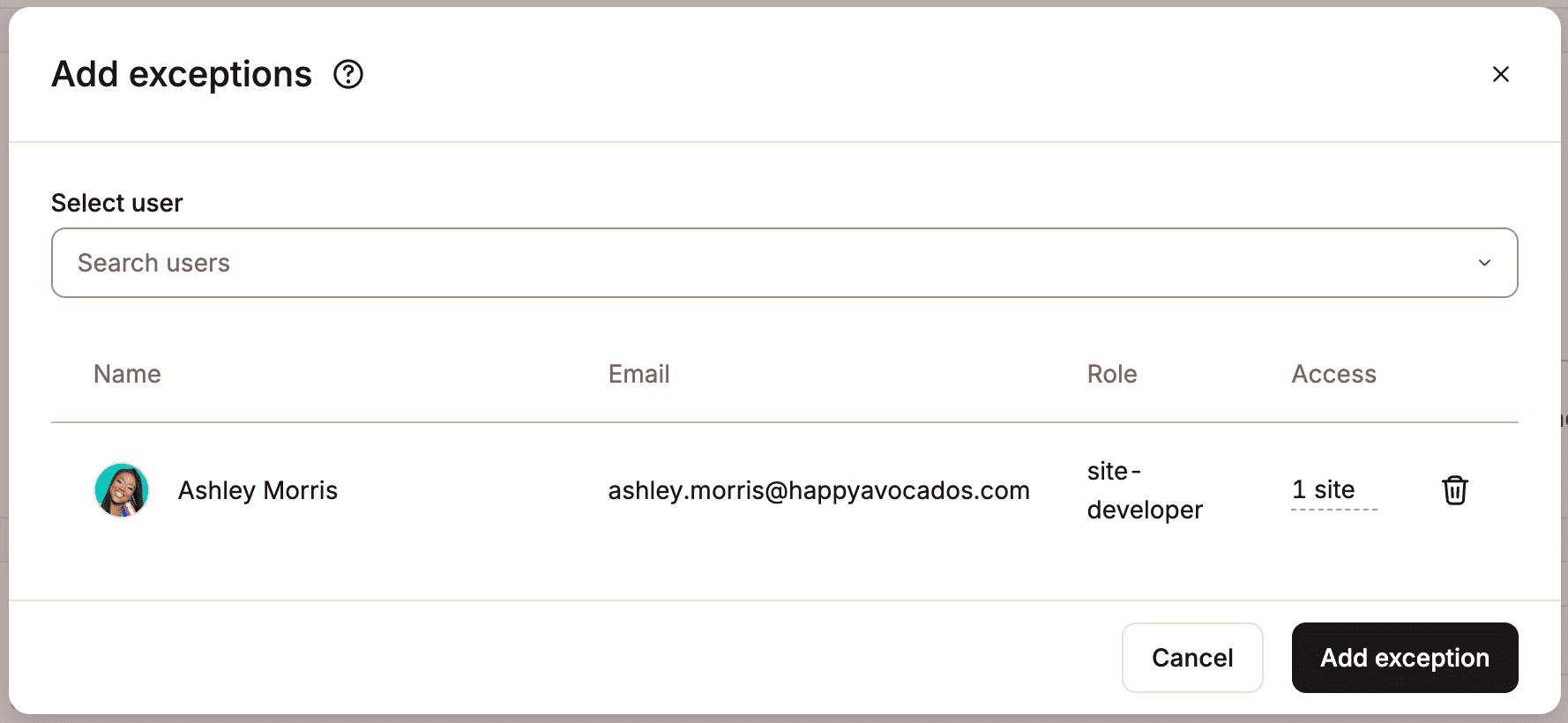 Add a user to the exceptions list.