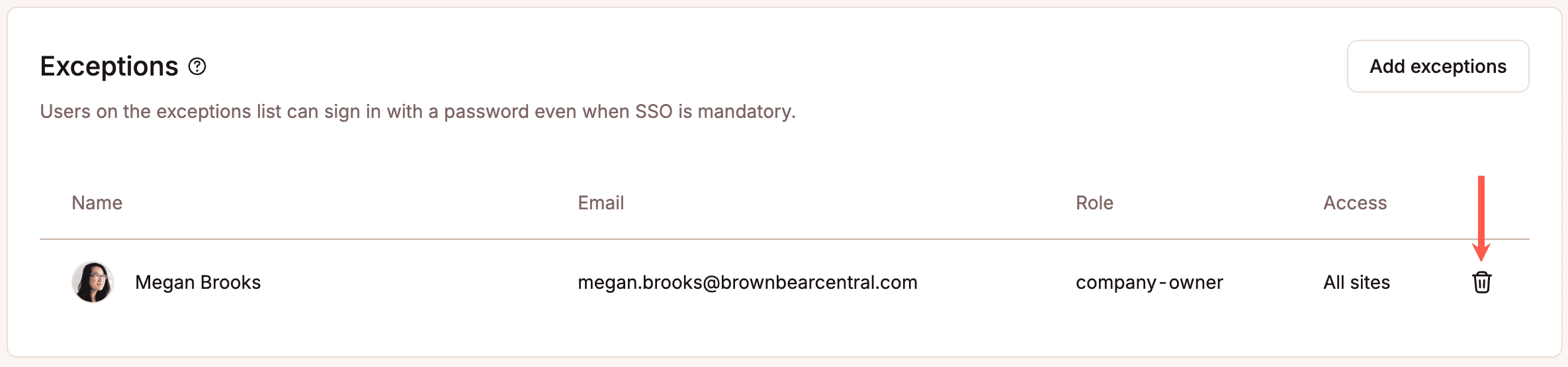 Remove a user from exceptions.