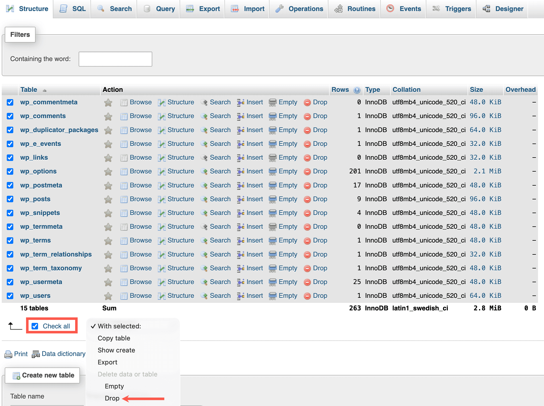 Drop the existing database tables in phpMyAdmin.