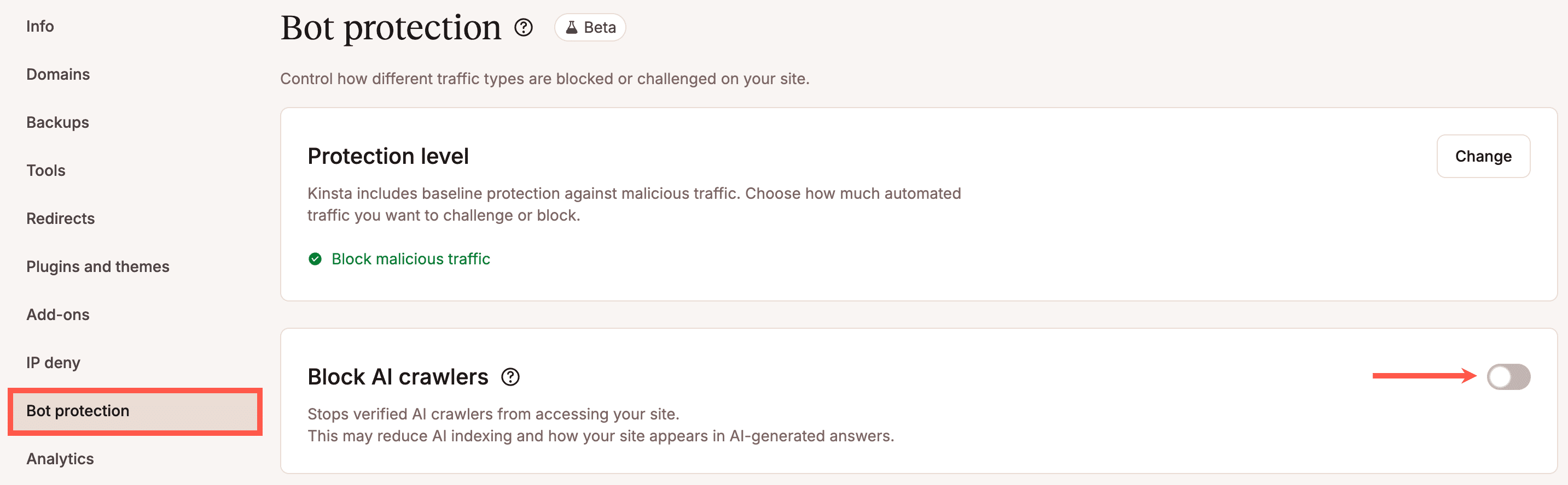 Block AI crawlers in MyKinsta.