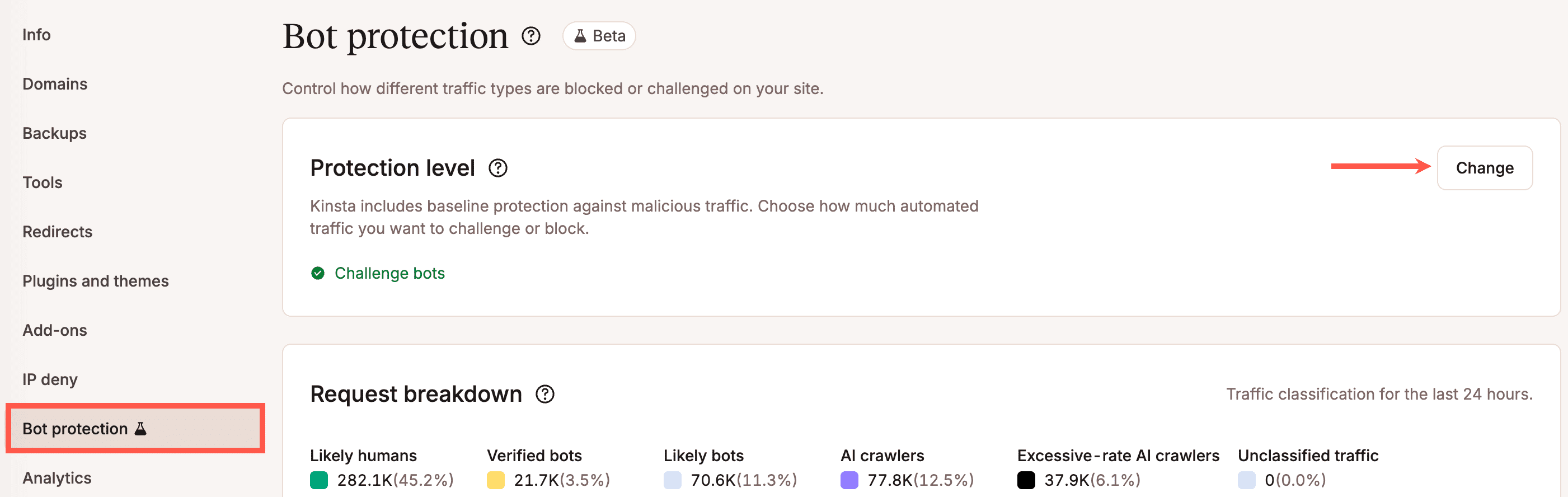 Change the level of bot protection in MyKinsta.