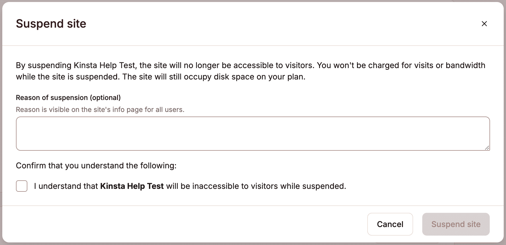 Enter a suspension reason and select the confirmation.