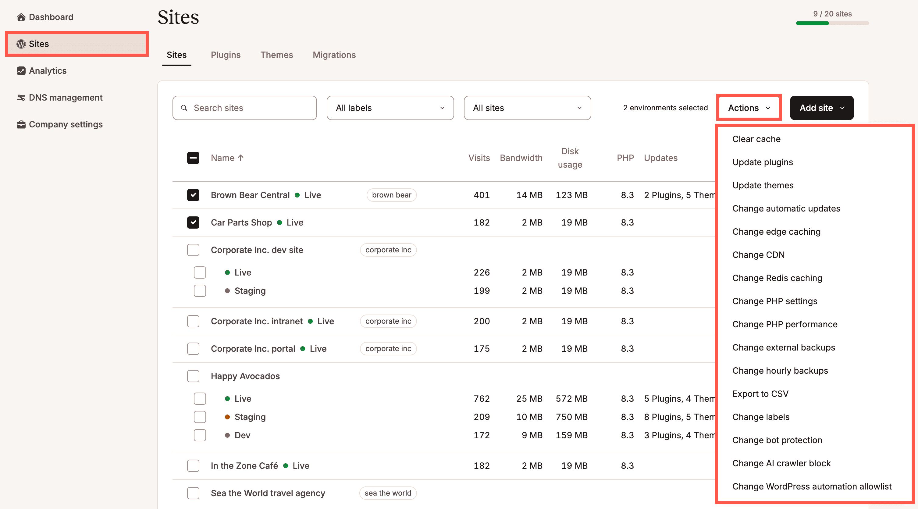 Perform bulk actions for your WordPress environments from Sites.