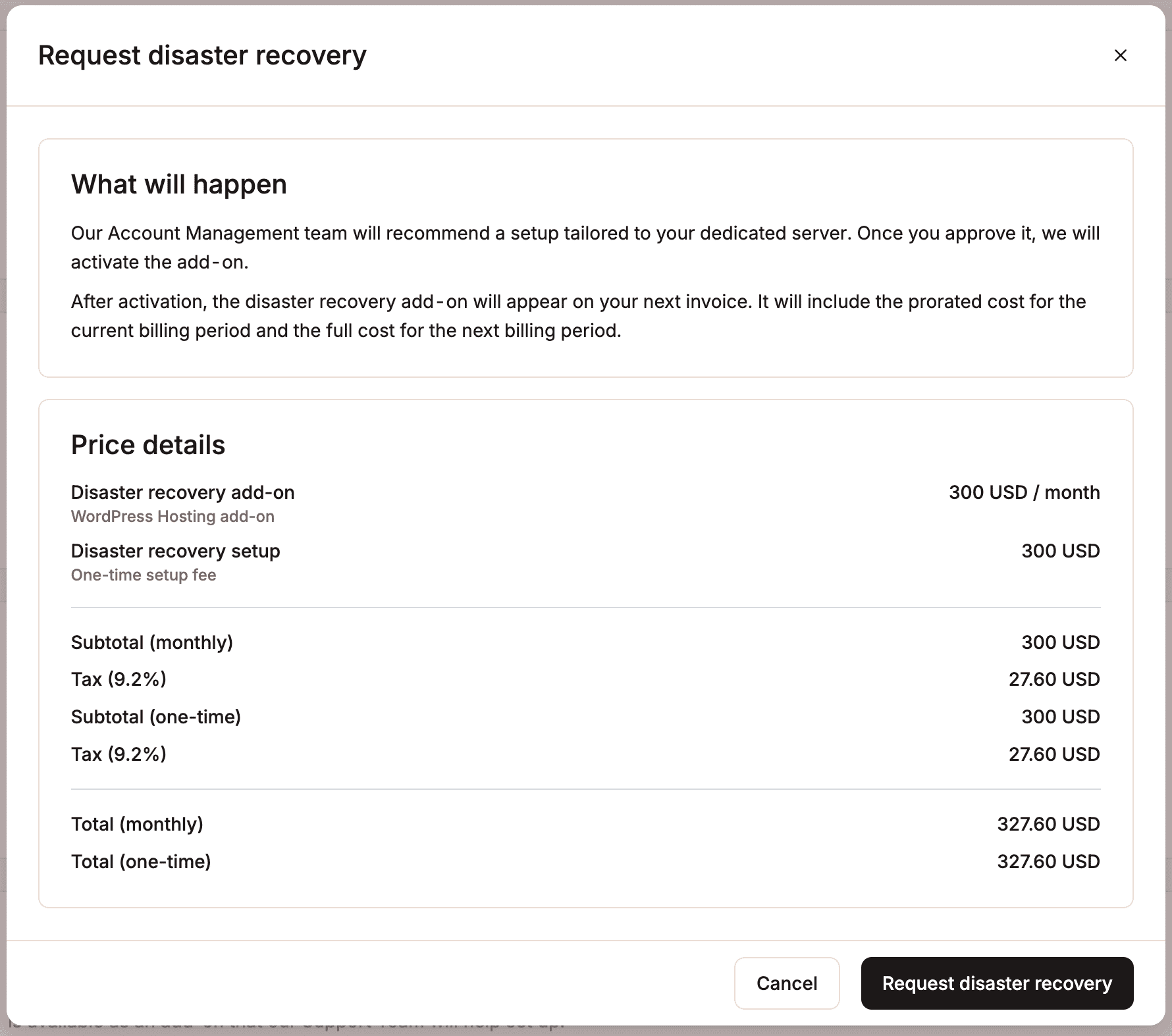 Review the price details and then request the disaster recovery add-on.