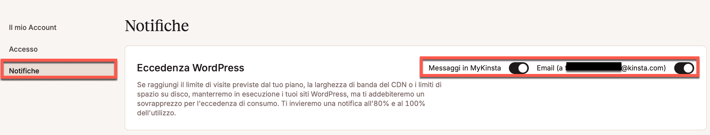 Abilitare o disabilitare le notifiche di eccedenza per i siti WordPress.