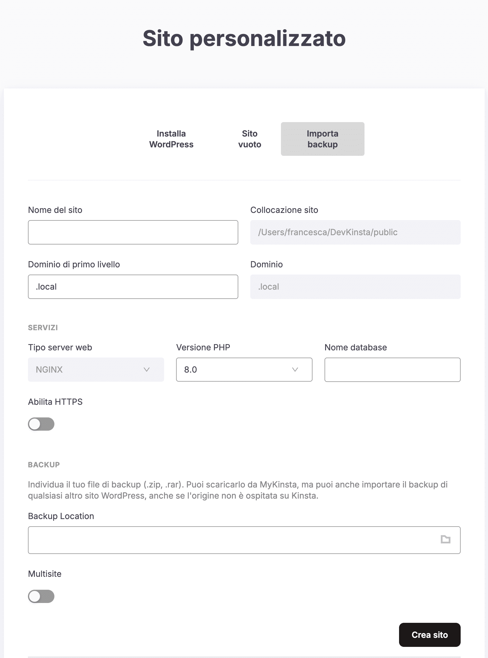 Creare un sito personalizzato e importare il backup in DevKinsta.