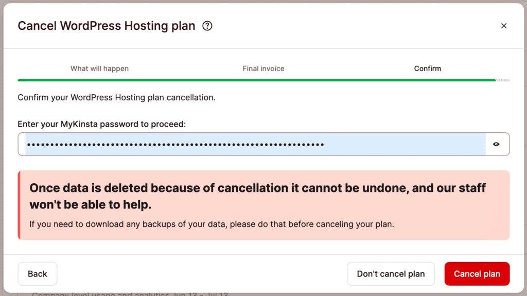 MyKinstaのパスワードを入力して解約を確定