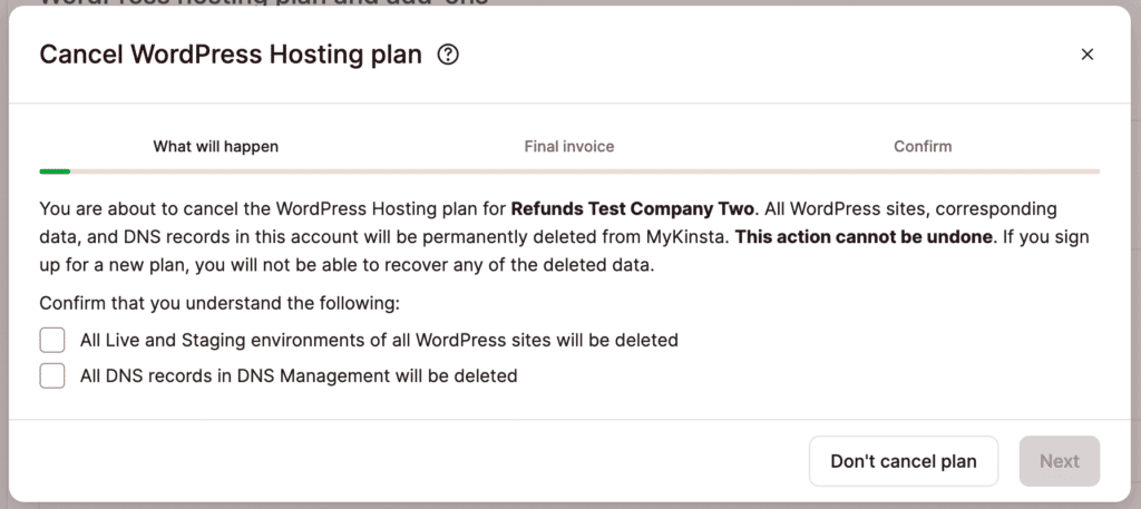 Acknowledge all data will be deleted to cancel your plan.
