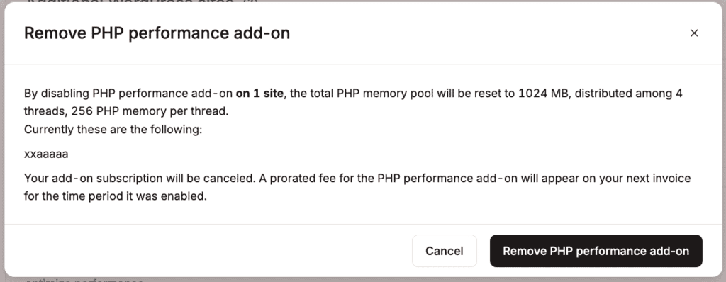 Confirm the removal of the PHP performance add-on.