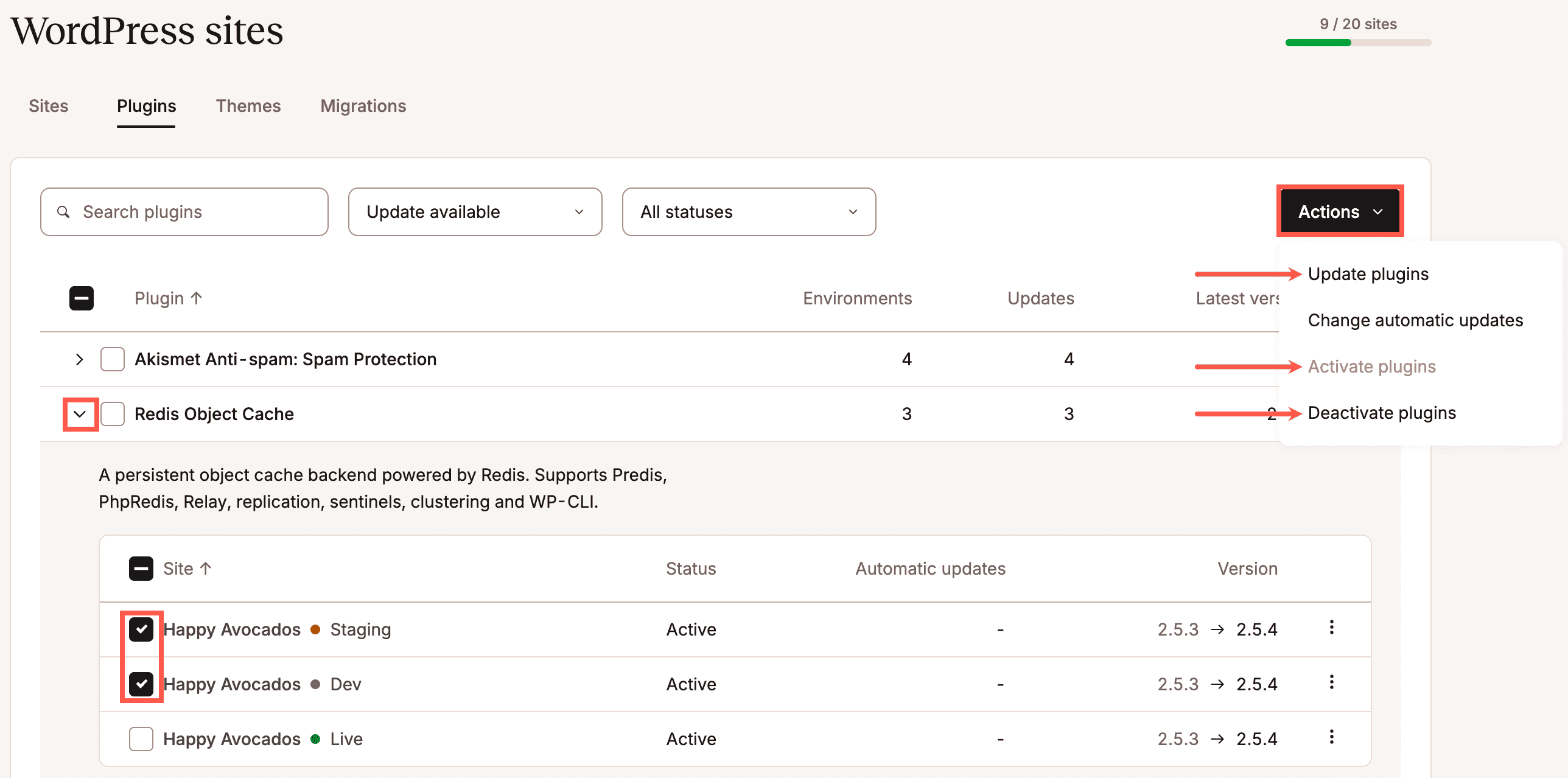 Update, activate, or deactivate a plugin for multiple sites.