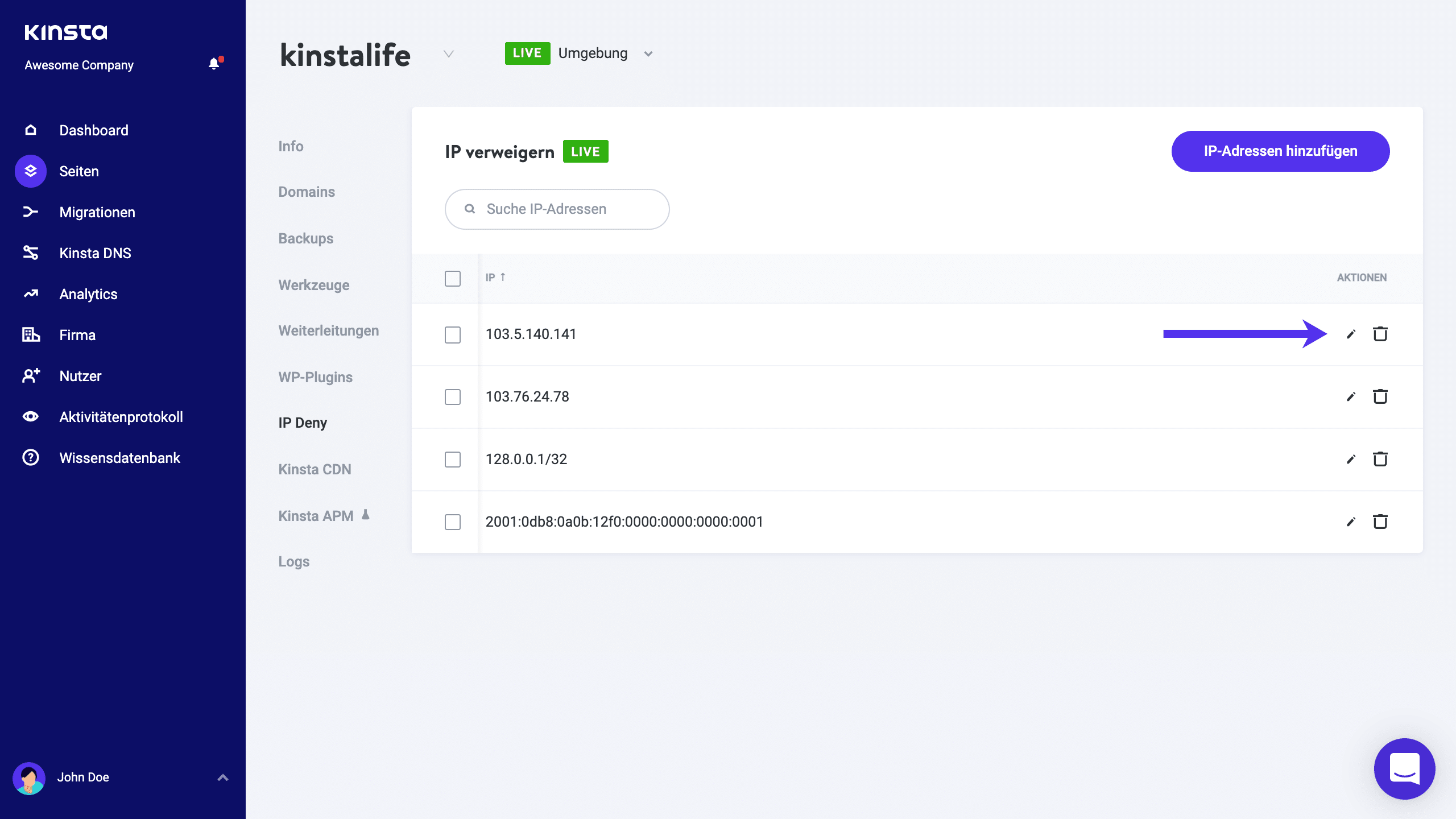 Blockierte IP-Adressen bearbeiten oder löschen.