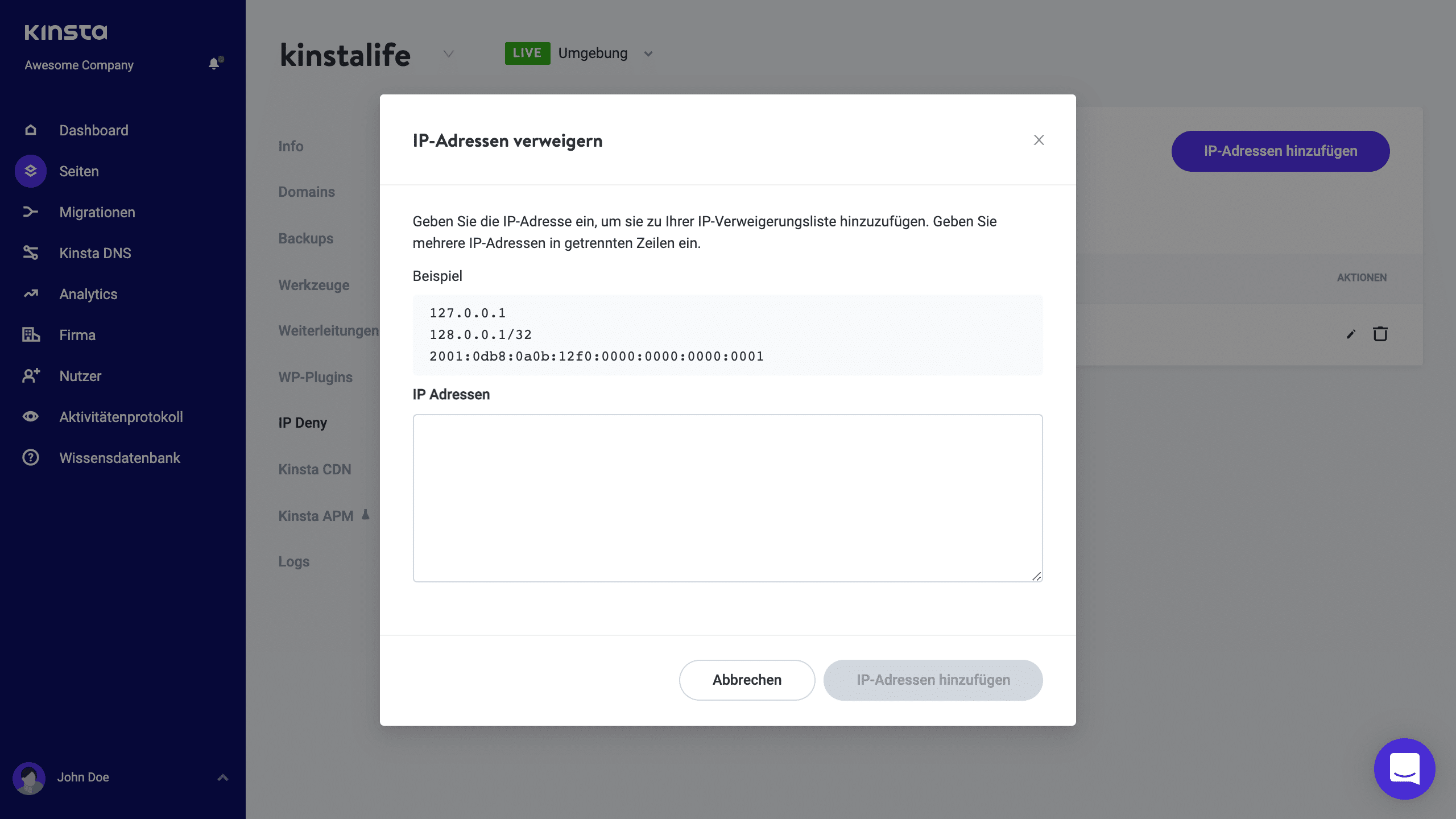 Füge IP-Adressen zur Blockliste hinzu.