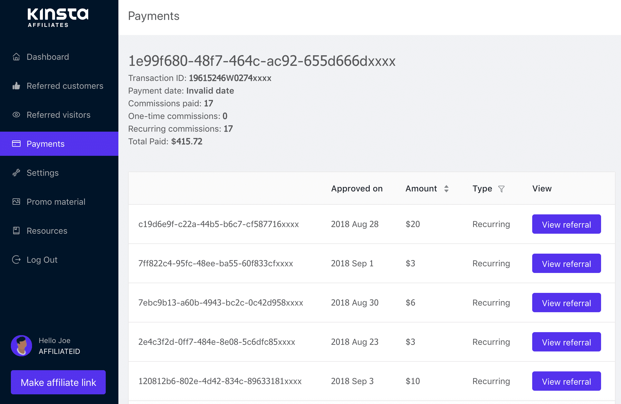 Kinsta Affiliate Zahlungsauflistung