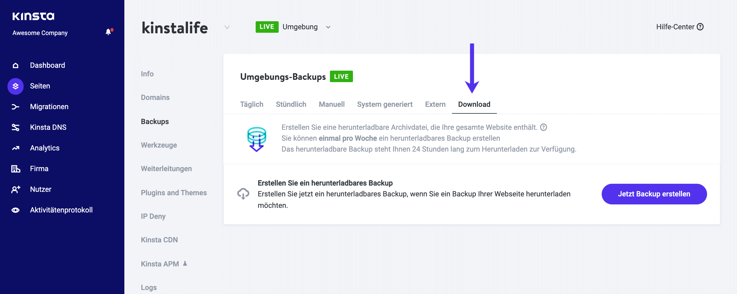Herunterladbare Backups