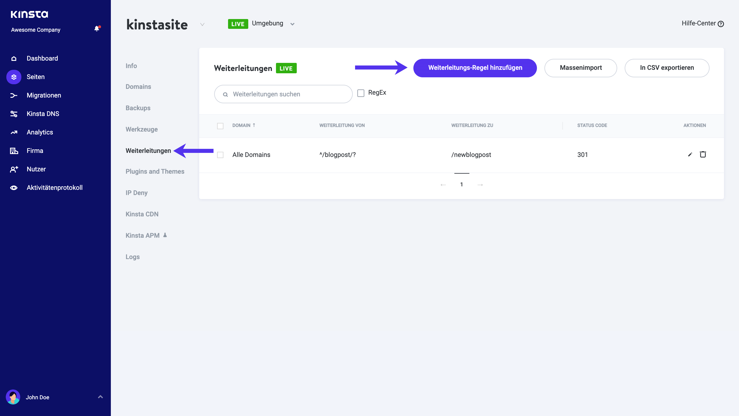 Wie richte ich Weiterleitungen von meinem Kinsta-Dashboard ein