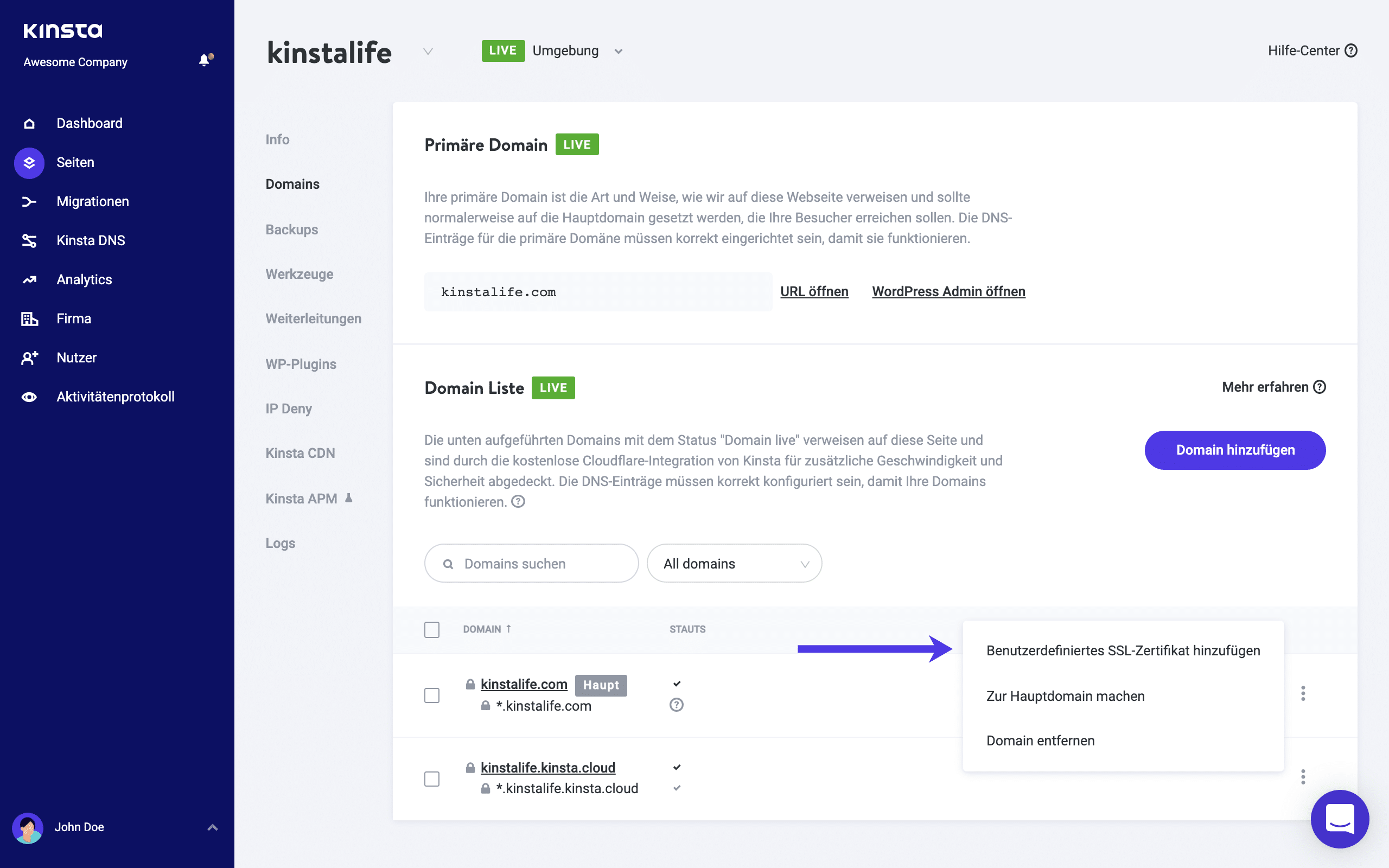 Zusätzlich zu den kostenlosen Cloudflare SSLs unterstützt Kinsta auch benutzerdefinierte SSLs.