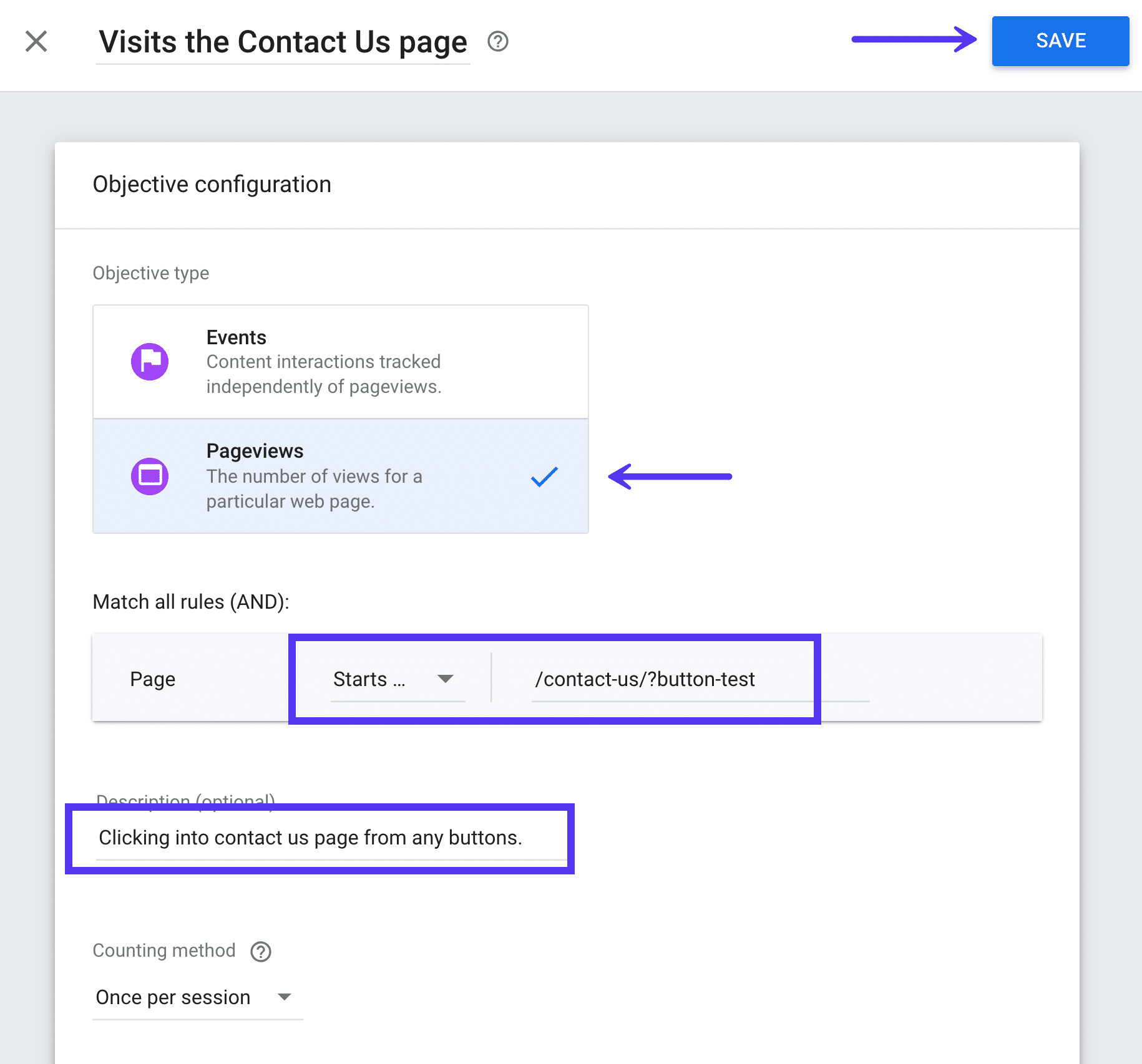 Benutzerdefiniertes Ziel in Google Optimize