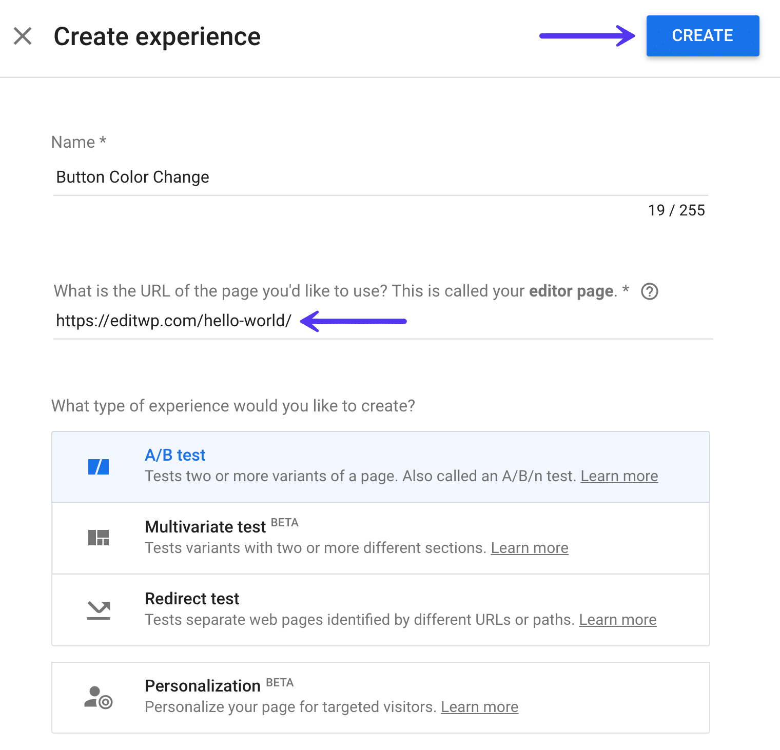 Erstellen des Google Optimize A/B Tests