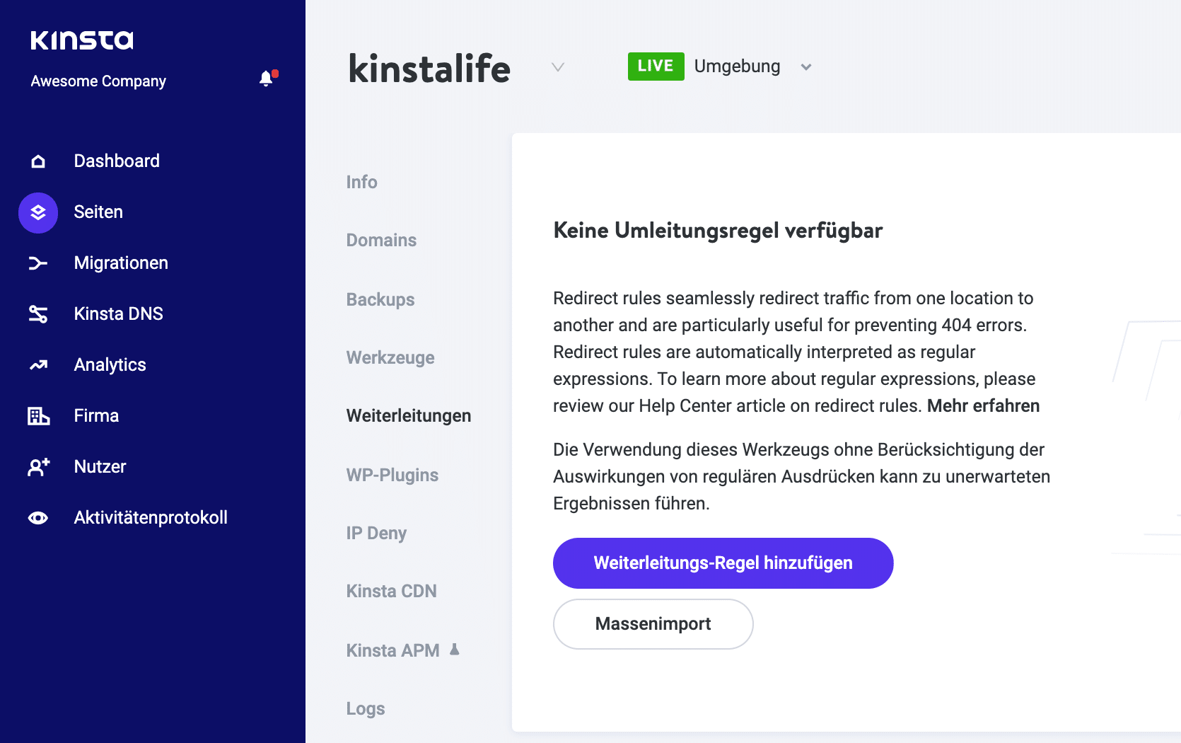 Hinzufügen einer Umleitungsregel in MyKinsta