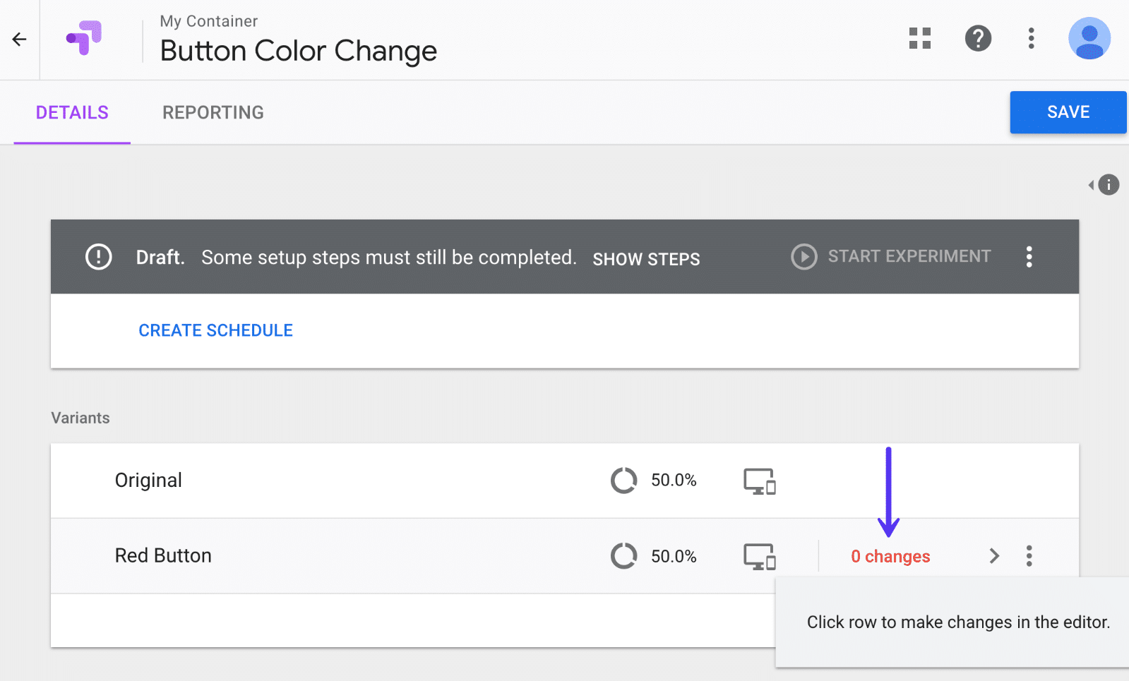 Verändern der Variation in Google Optimize