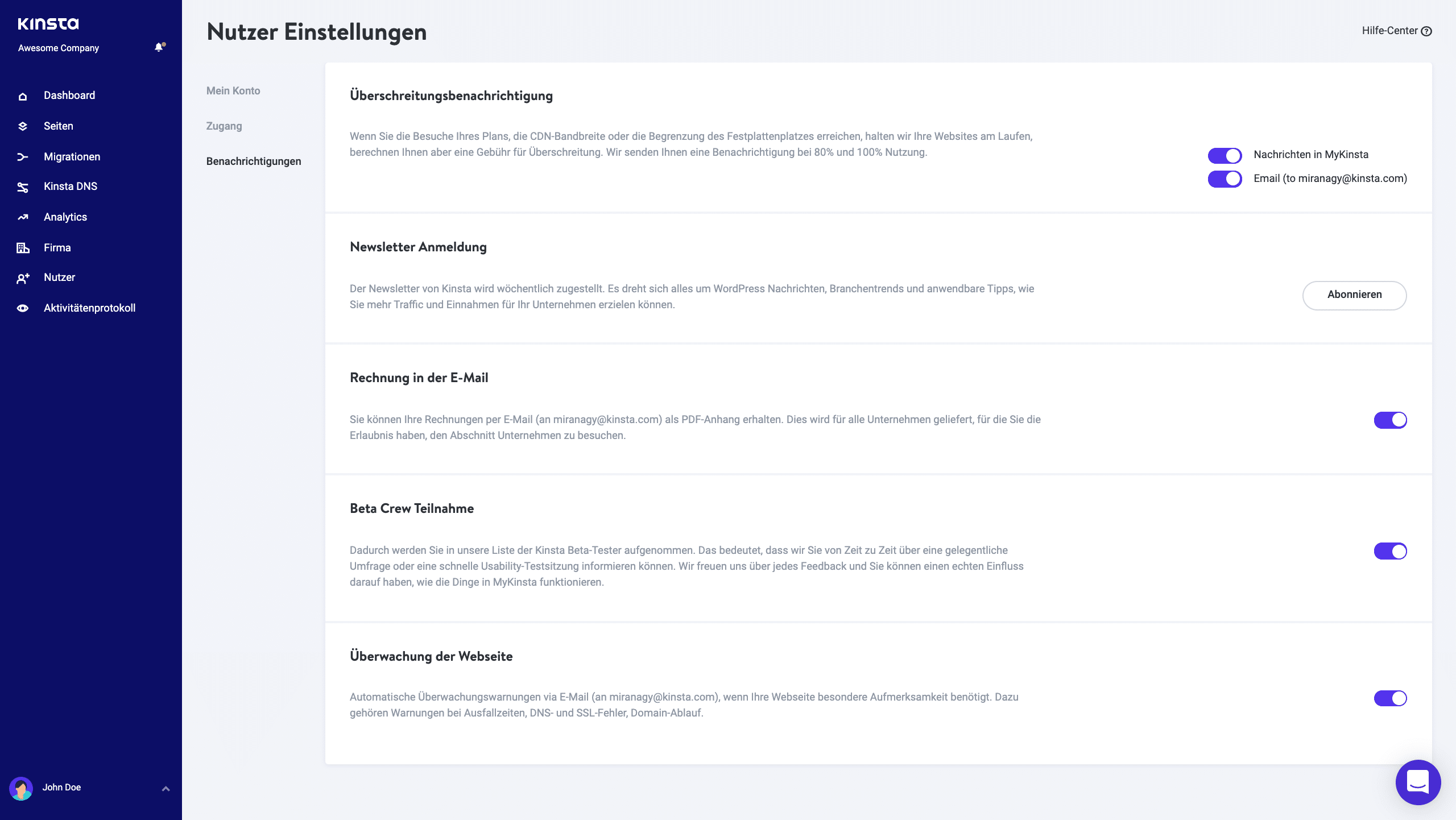 E-Mail-Benachrichtigungen in MyKinsta.
