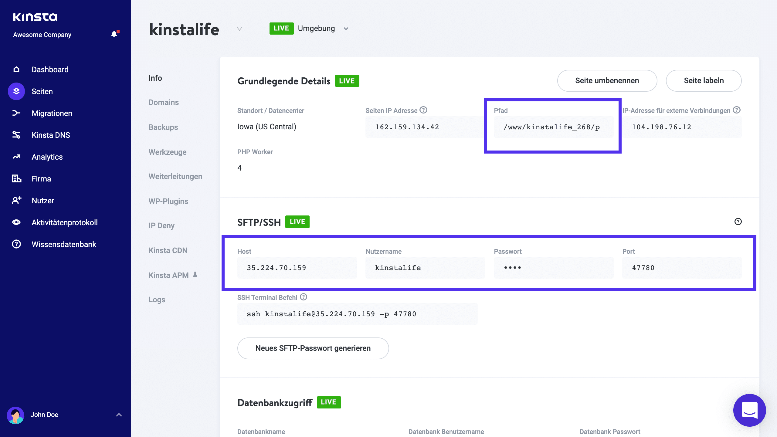 Finde deine SFTP-Details in MyKinsta.