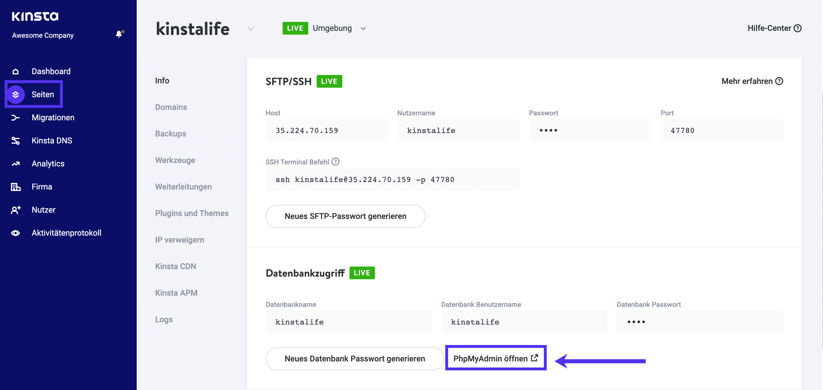 Wie du bei Kinsta phpMyAdmin aufrufst