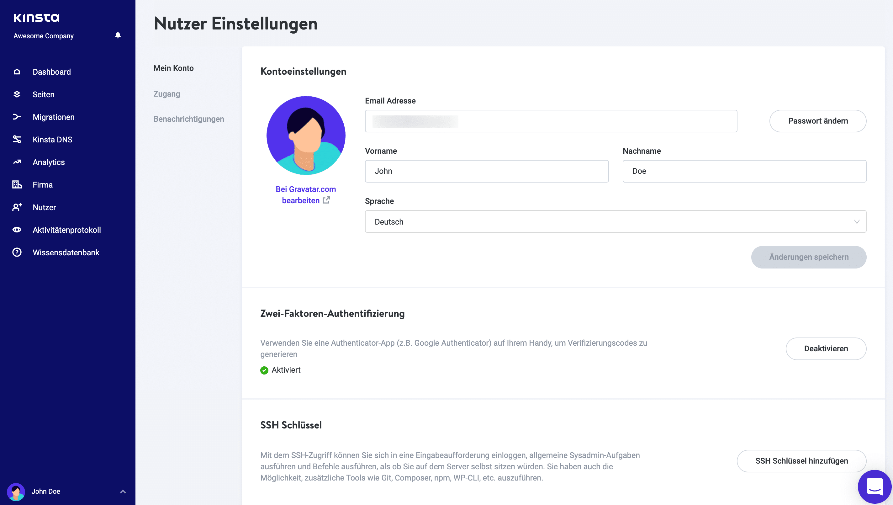 Aktiviere die Zwei-Faktor-Authentifizierung in MyKinsta.