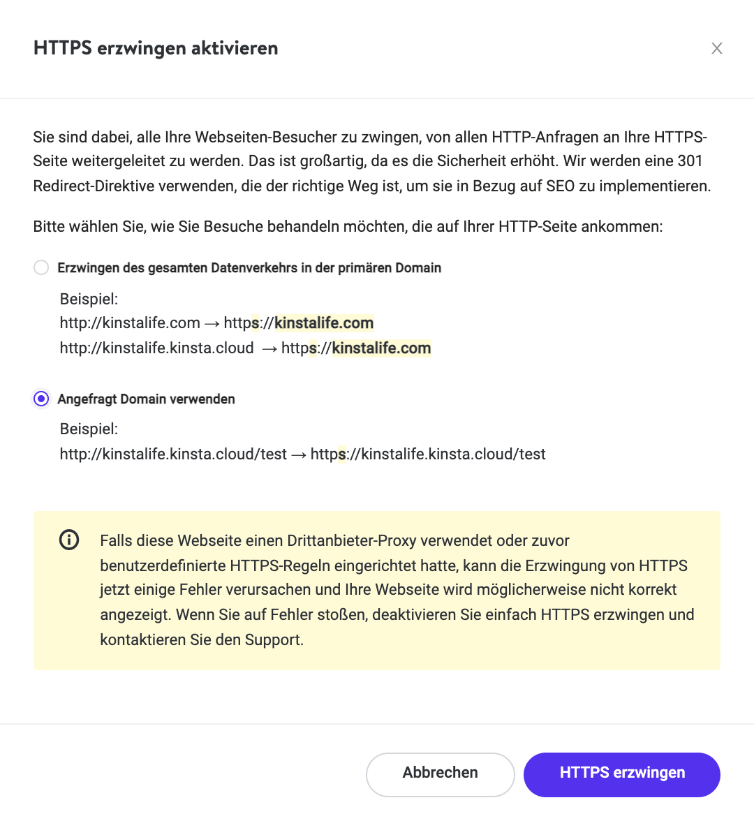 Force HTTPS Optionen