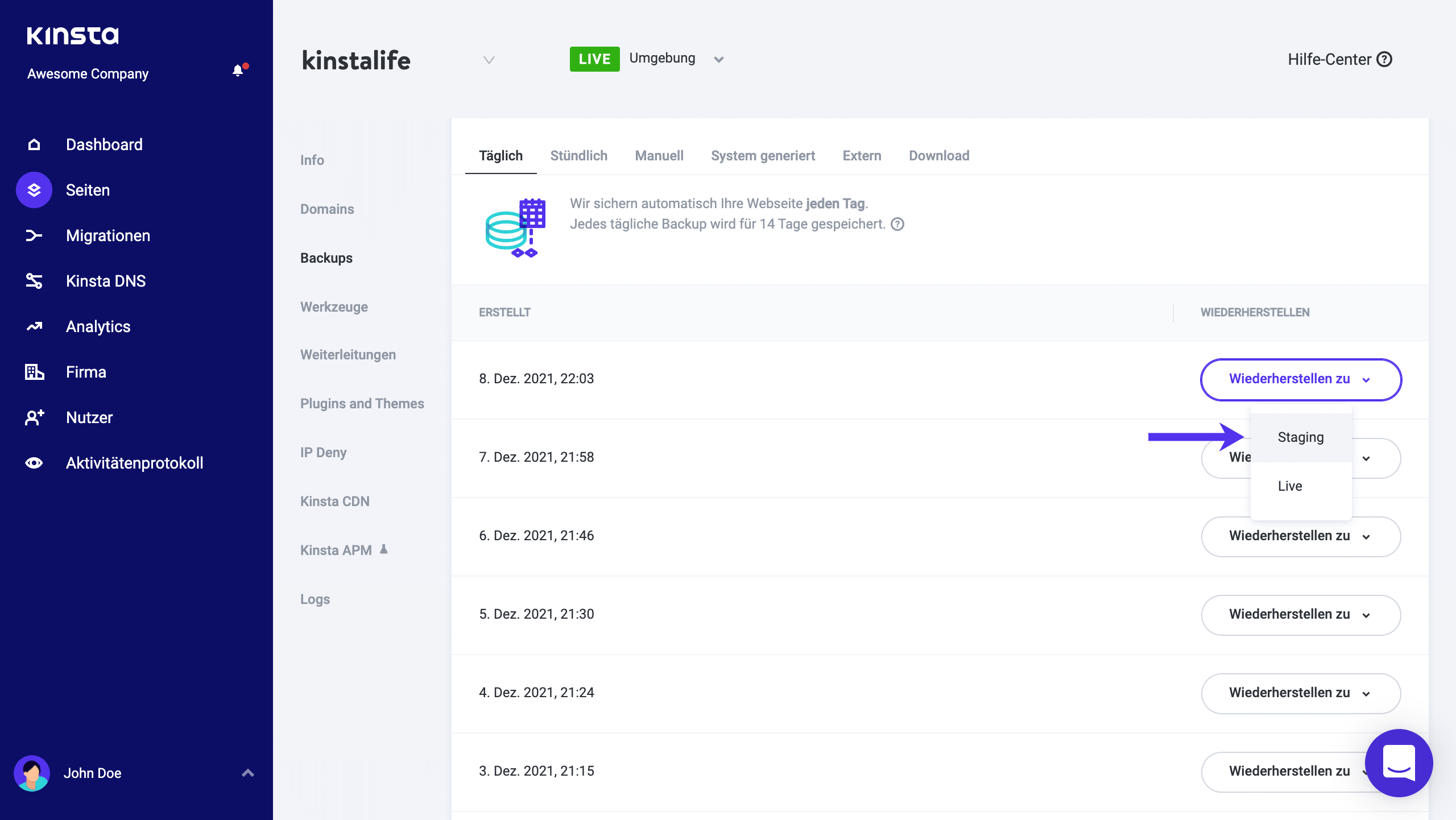Wiederherstellen von WordPress aus dem Backup und Einfügen in die Stagingumgebung