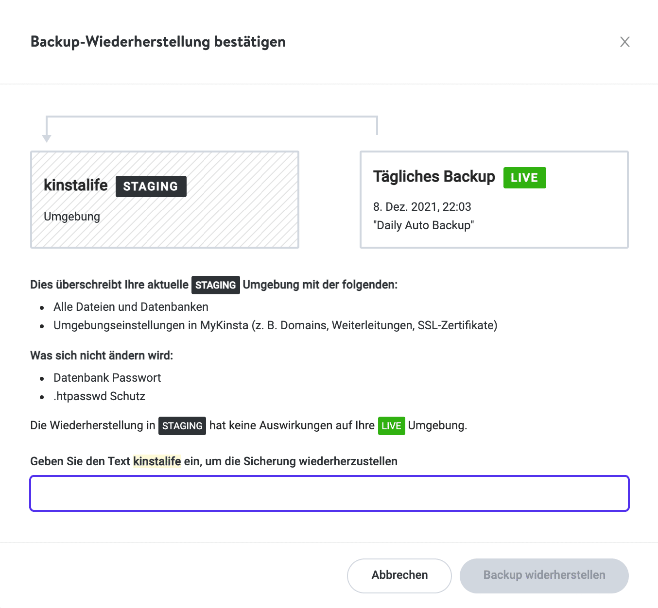 Bestätigung der Wiederherstellung von WordPress-Backups in der Stagingumgebung