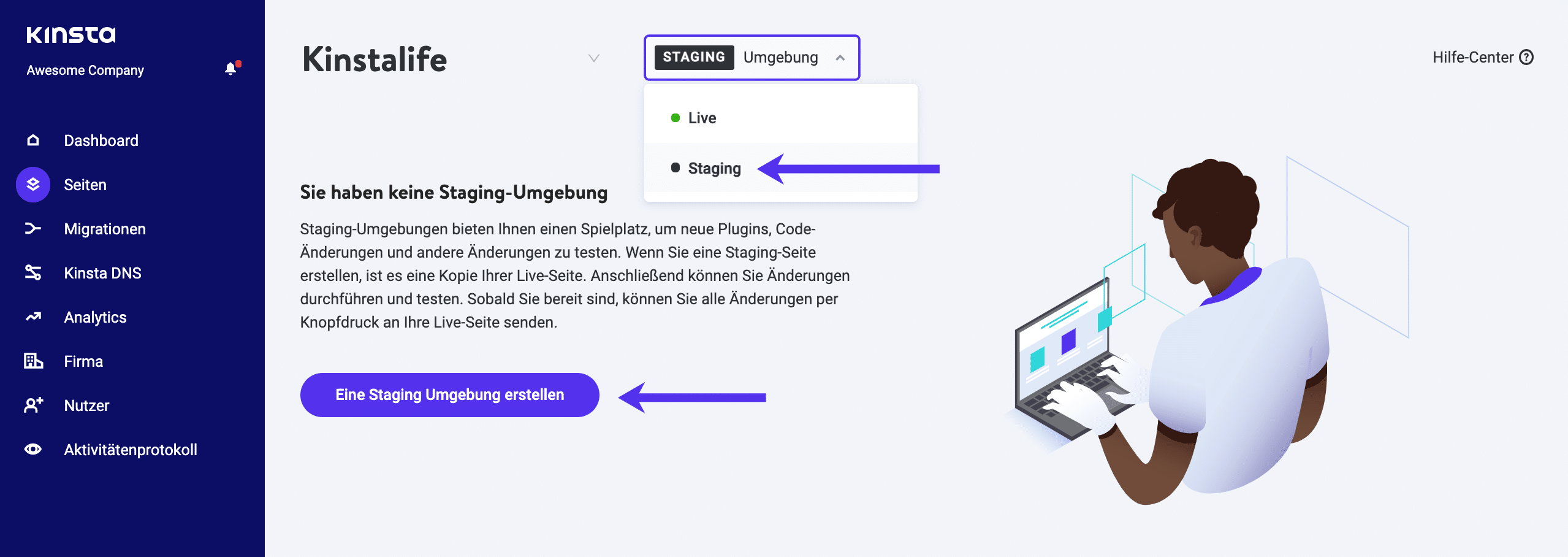 Erstelle eine WordPress-Staging-Umgebung in MyKinsta.