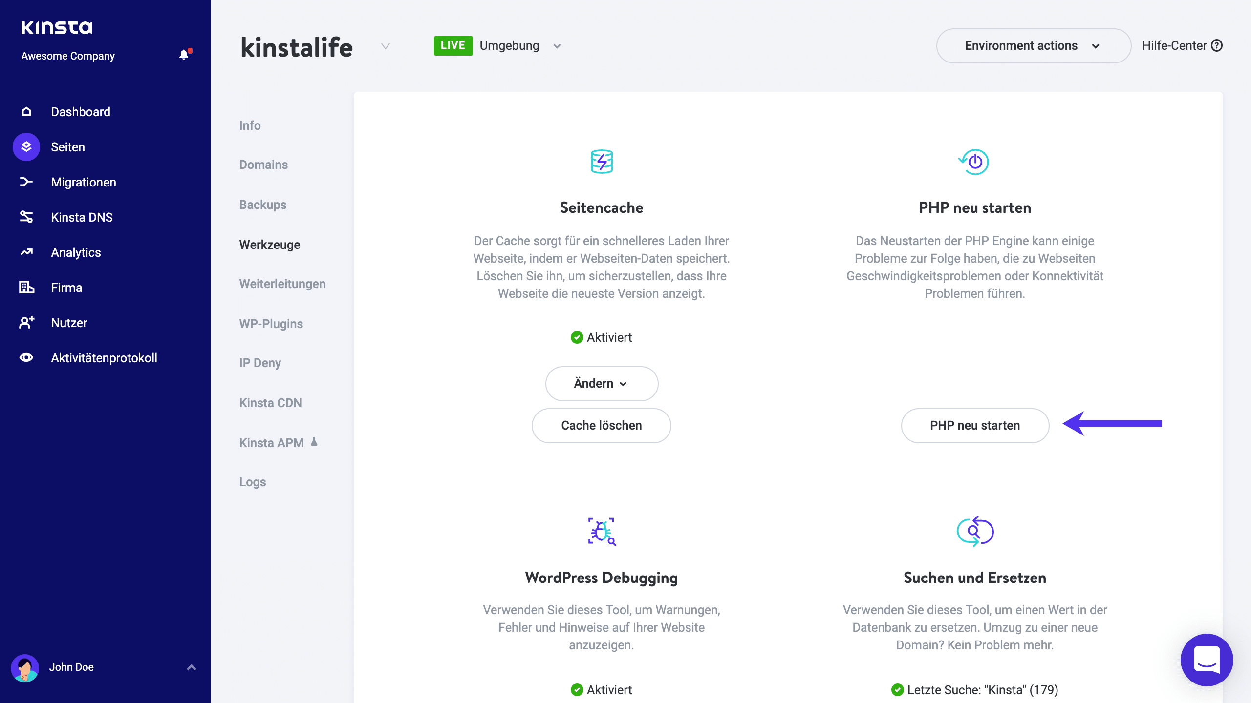 PHP im MyKinsta Dashboard neu starten