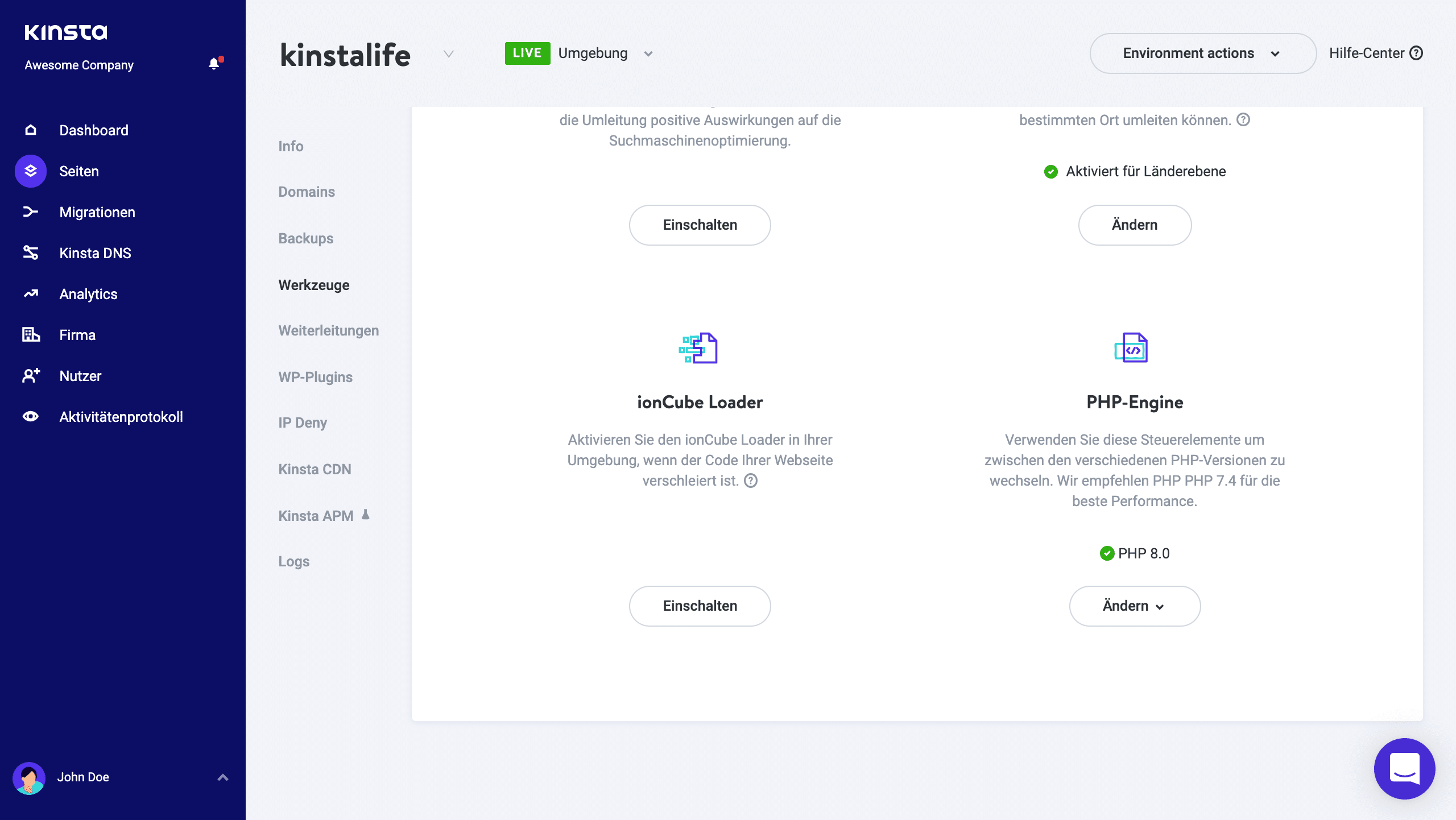 PHP-Version in MyKinsta ändern.