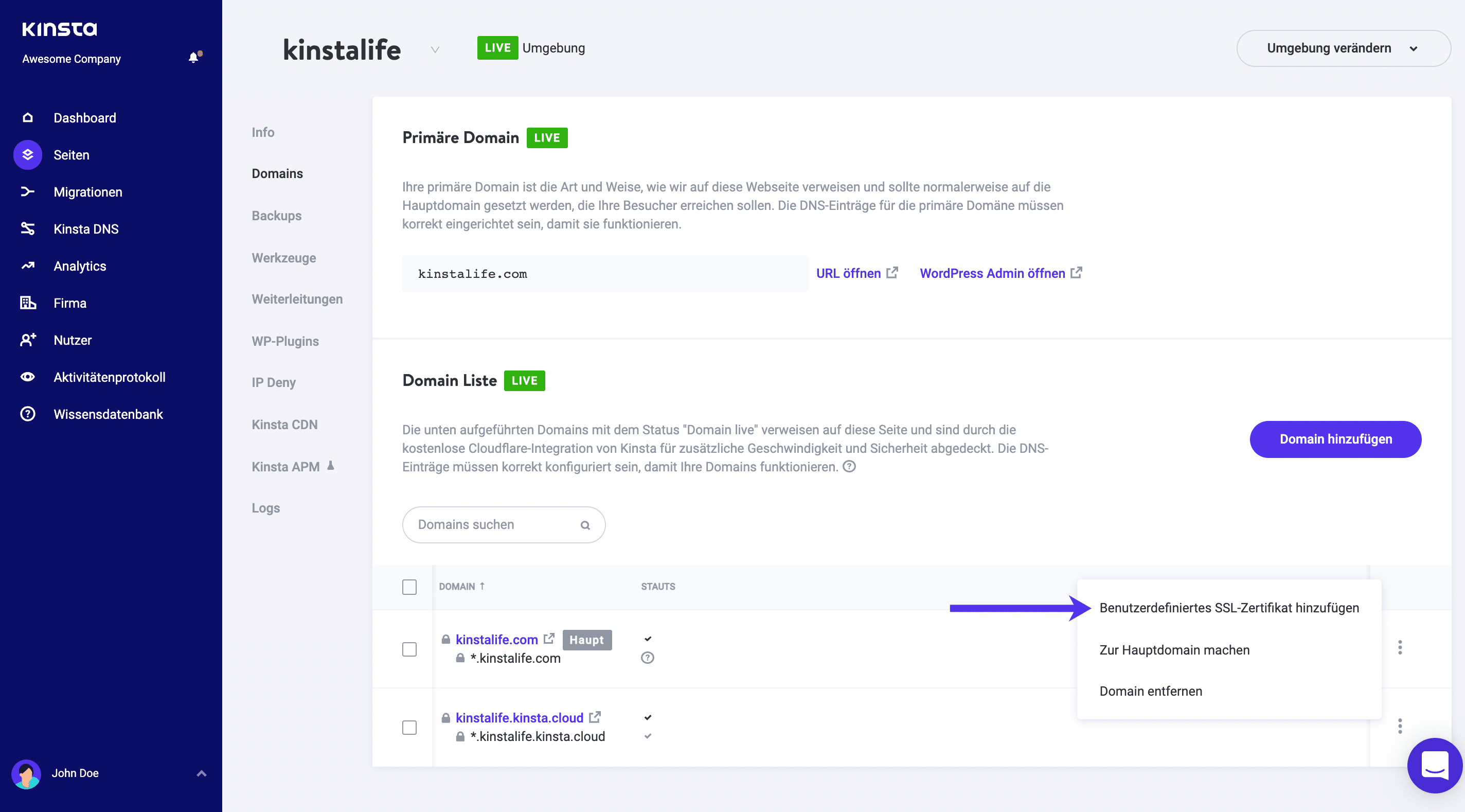 Füge ein benutzerdefiniertes SSL-Zertifikat hinzu.