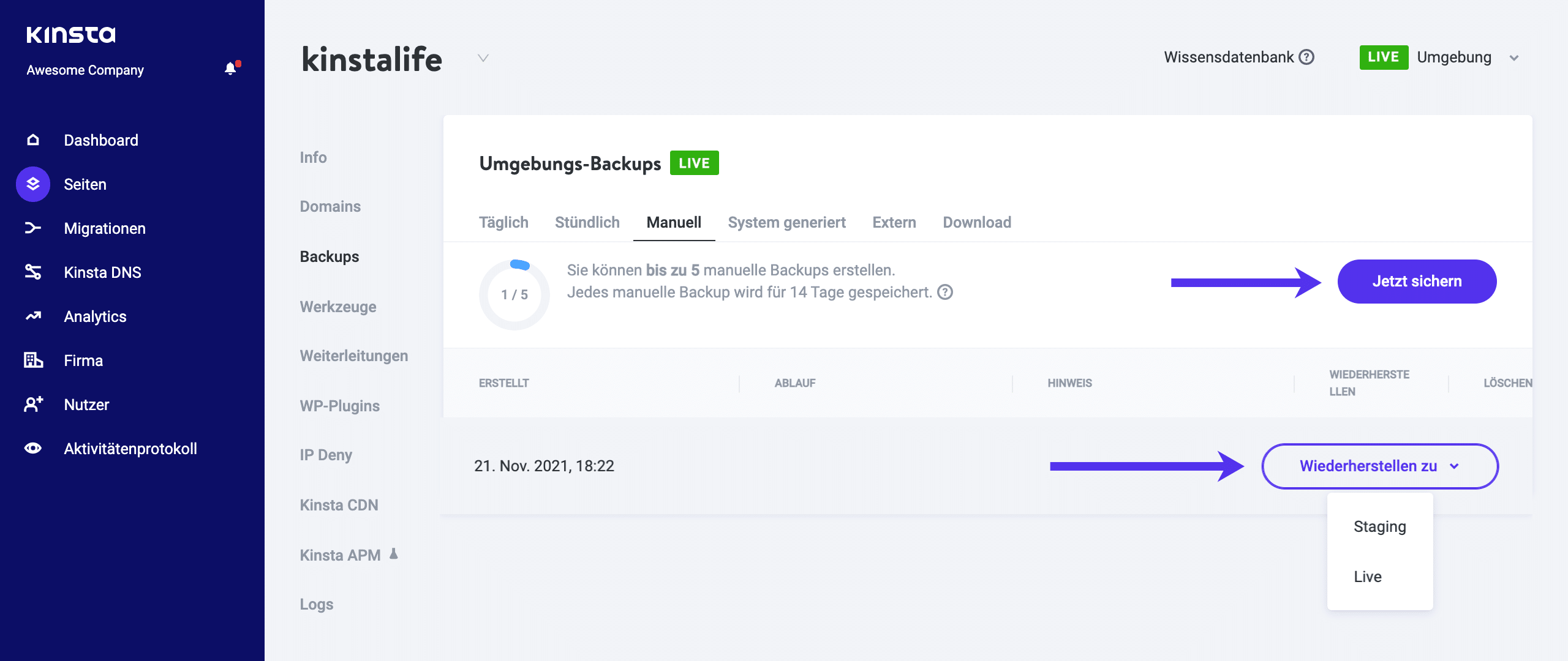 Wiederherstellen eines Backups in MyKinsta