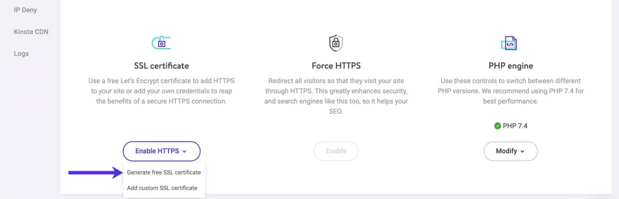 Ein kostenloses SSL-Zertifikat über MyKinsta hinzufügen