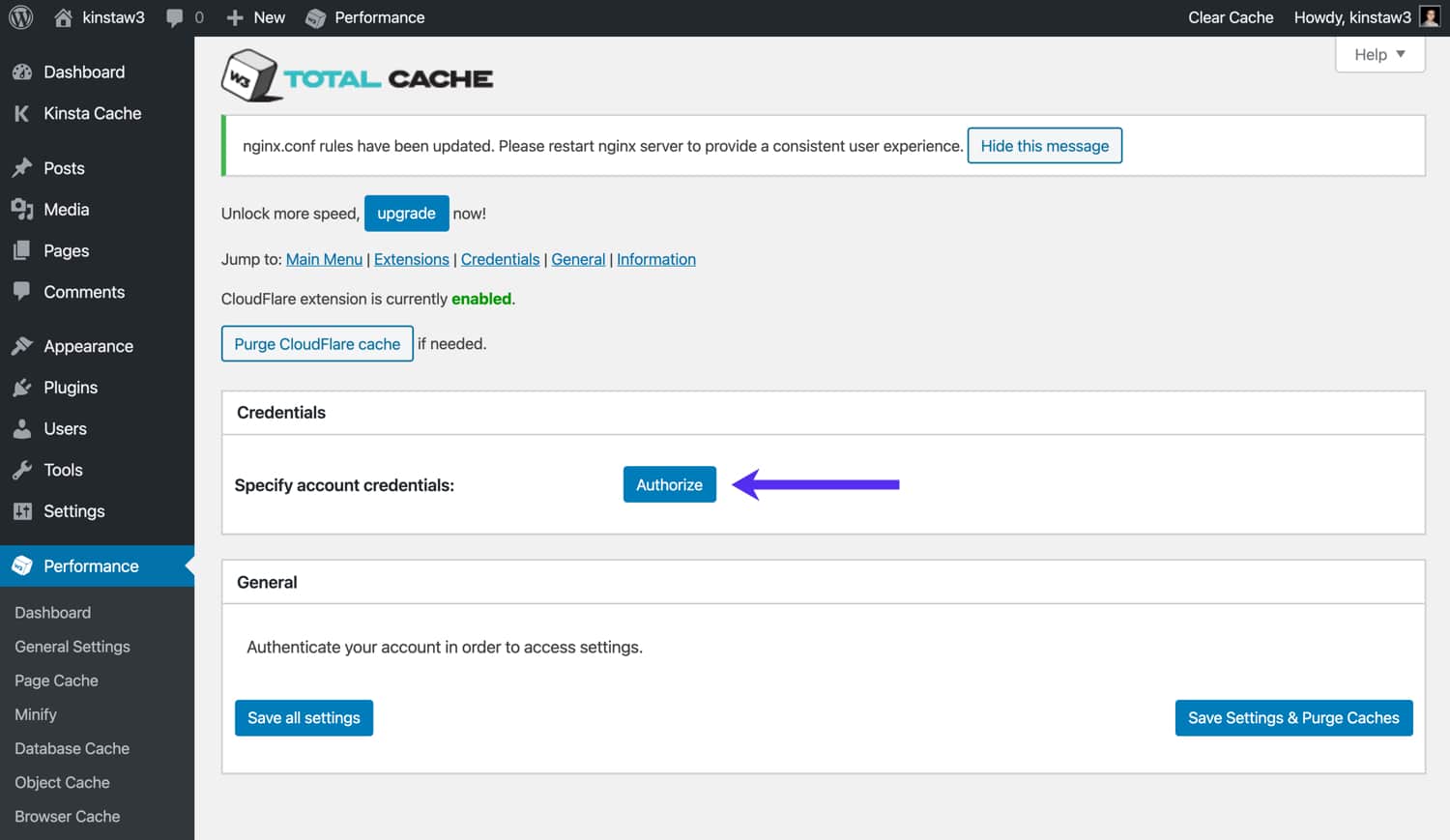 Autorisiere Cloudflare im W3 Total Cache.
