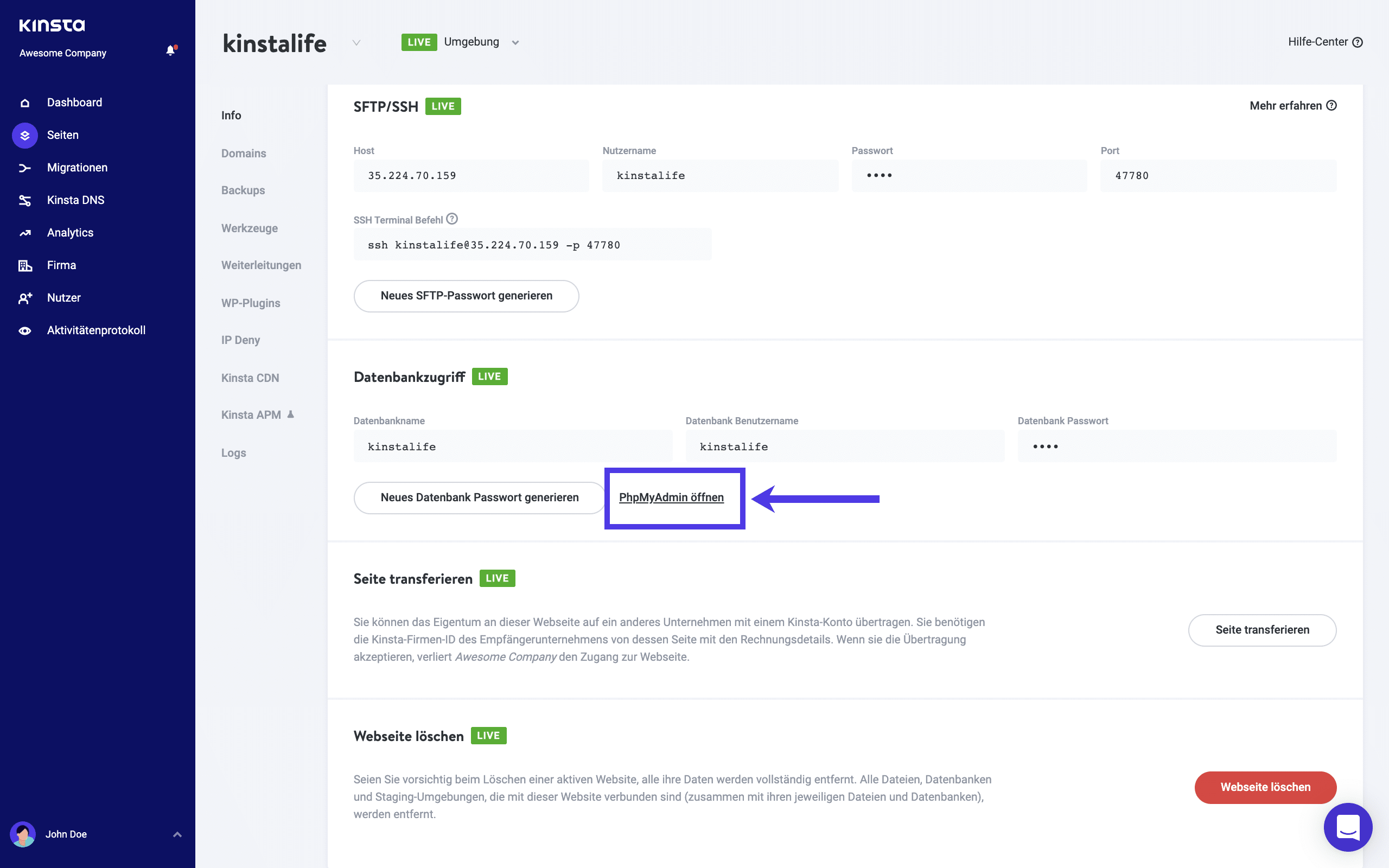 Zugriff auf phpMyAdmin über das Kinsta Dashboard.