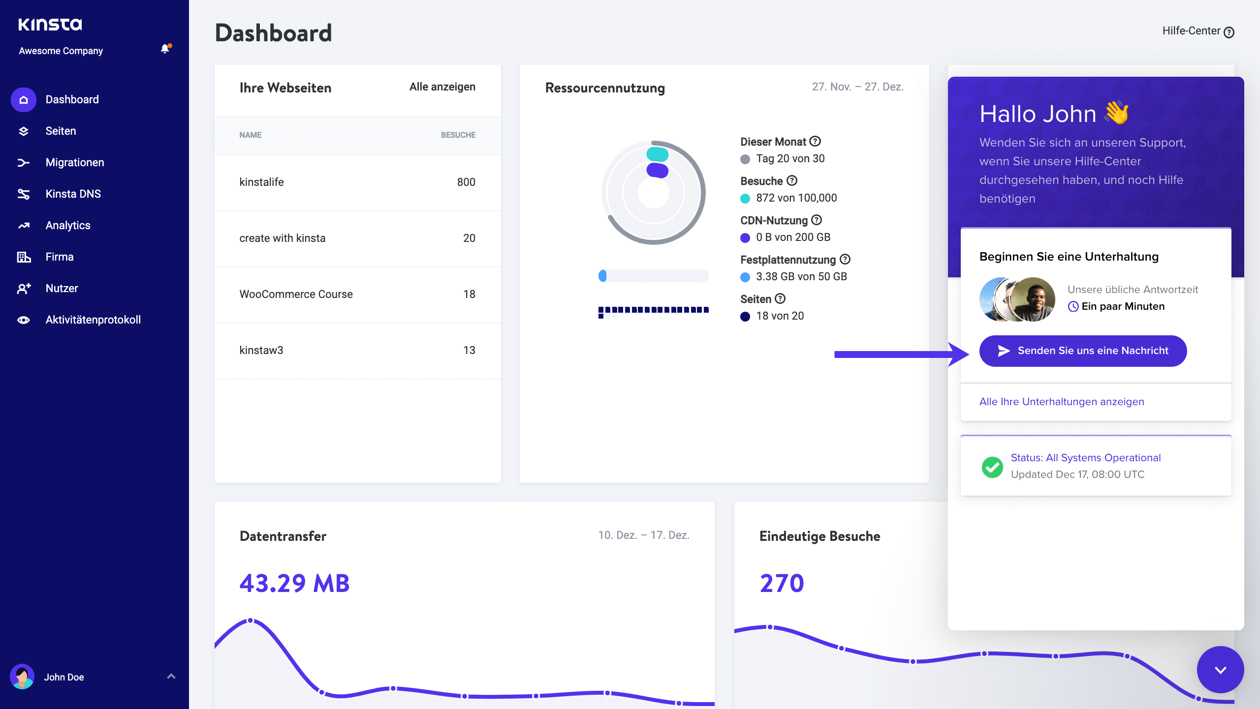 Kontaktiere den Kinsta-Support einfach über MyKinsta
