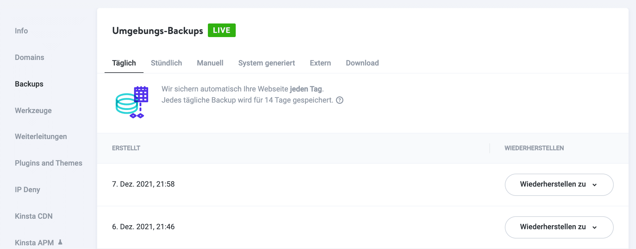 Ein Überblick über die MyKinsta-Backups.