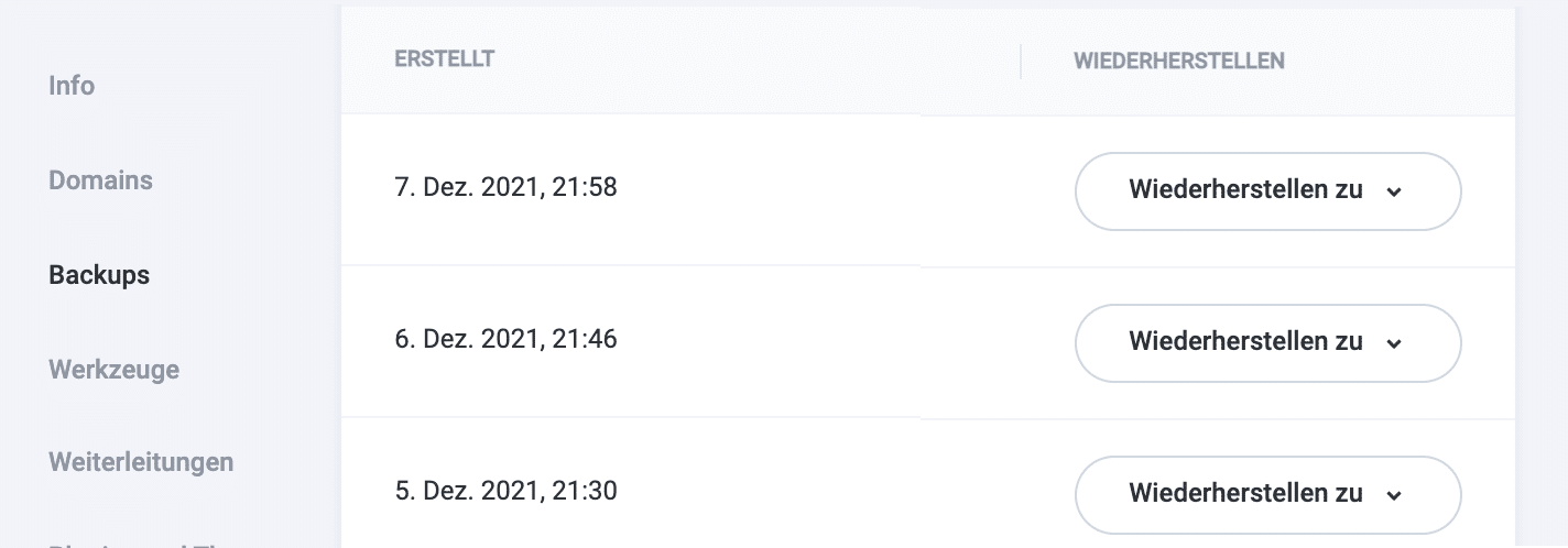 Eine Liste der letzten Backups der Webseiten.